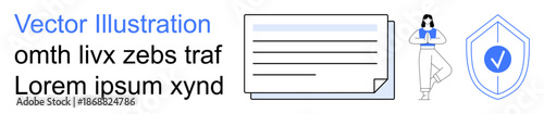 Cybersecurity, data protection, identity verification, secure information, digital services, online privacy. a shield, document and person. Cybersecurity and data protection concept