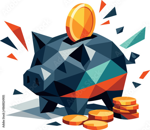 Penalty Piggy Bank. Low-poly vector illustration focused on a penalty savings piggy bank used to collect fines or behavioral fees,