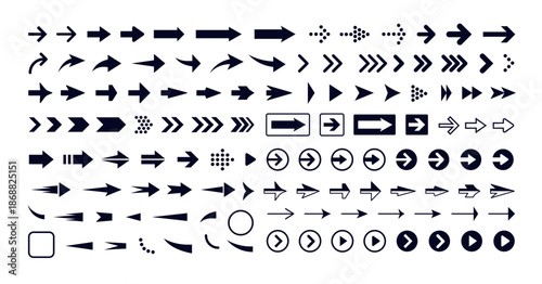 Arrow icons set, navigation symbols for web, app, UI, infographic design. Direction signs, play buttons, cursor elements for interface, presentation templates. Arrow icons Vector illustration.