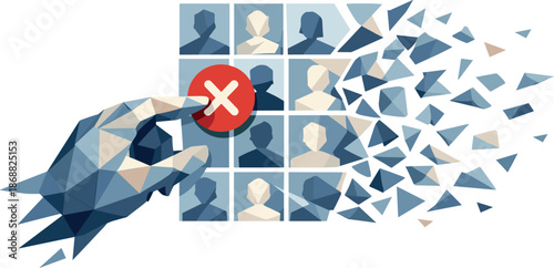 Digital Cleanup Art. Low-poly vector illustration focused on contact deletion and digital cleanup, faceted polygonal anatomy built