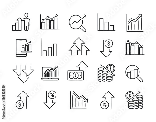Set of graph and chart icons in trendy line style isolated on white background concept of statistic with money down up trend for modern infographic