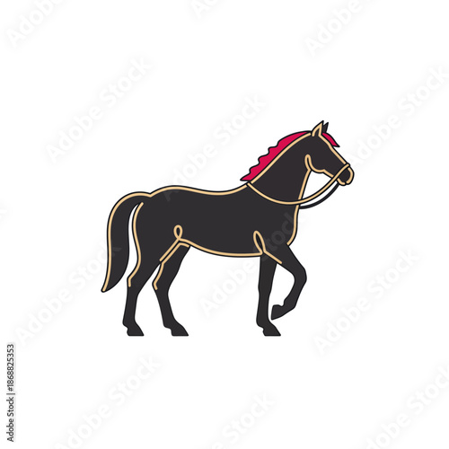 Elegant Black Horse with Red Mane and Gold Outline Illustration. Lunar New Year Vector Illustration. EPS Editable