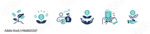 Set of Growth Investment Icons Financial Success Symbol Money Tree With Coins Bag Chart and Hands With Plant Isolated on White Background Online Banking Mobile Payment
