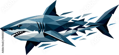 Dynamic Low-Poly Shark. Low-poly vector illustration focused on a shark, polygonal geometric style with sharp triangular edges,