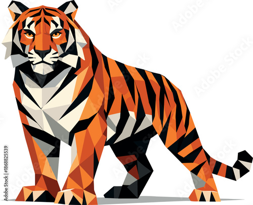 Geometric Majestic Tiger. Low-poly vector illustration focused on a majestic tiger symbolizing strength and confidence, polygonal