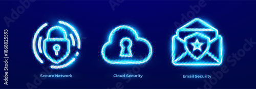 Secure Network Cyber Shield Perimeter Guard Threat Monitoring Icons Set. Cloud Protection Data Privacy Encryption Neon Logo. Email Security Inbox Safety Anti Phishing Spam Filter Vector Illustration