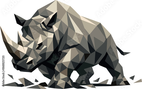 Geometric Rhinoceros Art. Low-poly vector illustration focused on a stylized rhinoceros in a strong geometric interpretation,