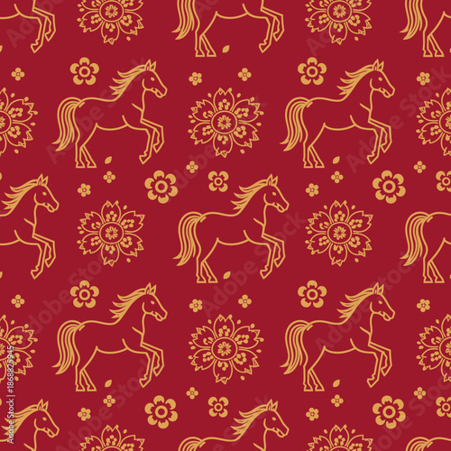 Seamless Pattern of Golden Horses and Flowers on Red Background. Lunar New Year Vector Illustration. EPS Editable