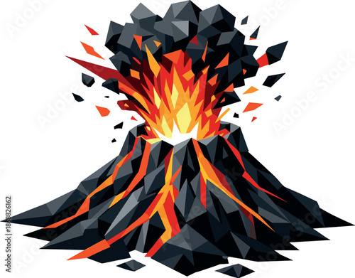 Geometric Volcanic Eruption. Low-poly vector illustration focused on a volcanic eruption in progress, polygonal geometric style