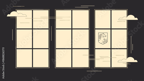 Traditional Japanese Shoji Screen with Clouds and Emblem. Lunar New Year Vector Illustration. EPS Editable