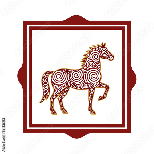 Stylized Horse Illustration with Celtic Swirl Patterns in a Decorative Frame. Lunar New Year Vector Illustration. EPS Editable