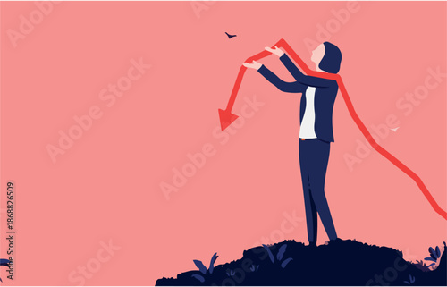 Investor woman with arrow pointing down - Female person standing outdoors holding a falling graph in hands. Financial loss and failing business concept.