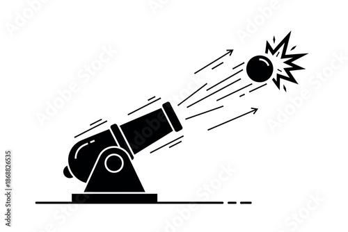 Black cannon firing a cannonball isolated on white background