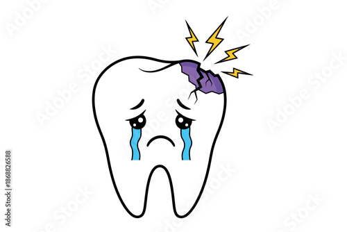 A cartoon tooth with a sad face and a purple cavity on a white background