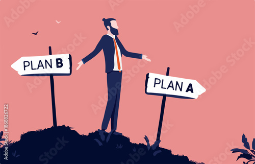 Business plan A and plan B - Businessman trying to make a choice for the way forward. Choosing and decision concept. Vector illustration