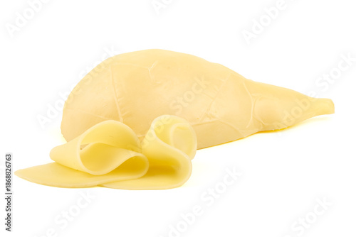 Firm yellow cheese block with smooth slices, isolated on white background.