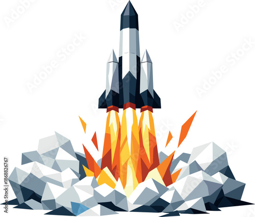Geometric Rocket Launch. Low-poly vector illustration focused on a powerful rocket liftoff scene, polygonal geometric style with