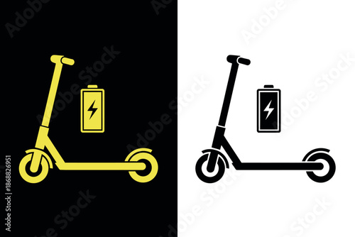 Electric scooter with battery icons in yellow and black on different backgrounds