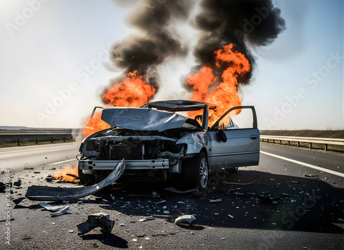 Car accident with flames and smoke on the highway road