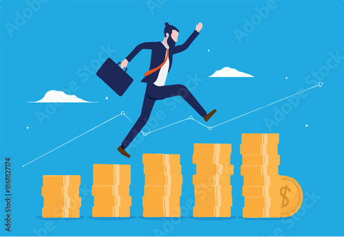 Profitable business - Modern businessman jumping up a rising chart of money to achieve higher profits. Finance, earnings, success and goal concept. Vector illustration.