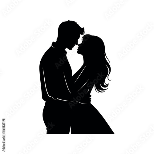 Couple embracing tenderly, silhouetted against a white background, intimate illustration