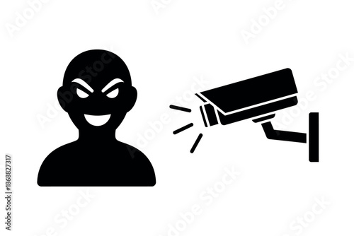 Black silhouette of a man with evil expression near security camera on white background