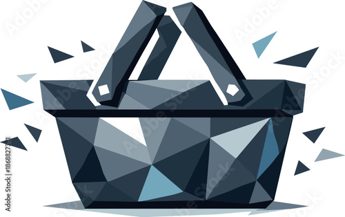 E-commerce Basket Icon. Low-poly vector illustration focused on a shopping basket symbolizing e-commerce and purchasing, polygonal