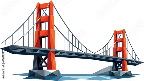 Minimalist Golden Gate Icon. Low-poly vector illustration focused on a minimalist Golden Gate Bridge icon, polygonal geometric