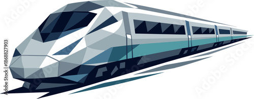 Geometric Bullet Train. Low-poly vector illustration focused on a modern bullet train viewed from a three-quarter angle, polygonal