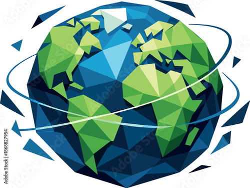 Geometric Global Connectivity. Low-poly vector illustration focused on a globe symbolizing the world and global connectivity,
