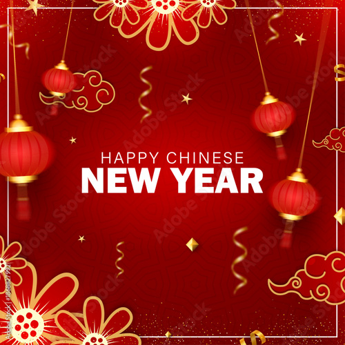Happy Chinese New Year Greeting Card with Red Lanterns and Gold Flowers, Lunar New Year Social Media Post Template with Traditional Oriental Decor, Festive Red and Gold Chinese New Year Background wit