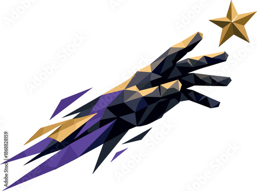 Reach for Success. Low-poly vector illustration of a stylized hand reaching forward toward a star as a metaphor for success and