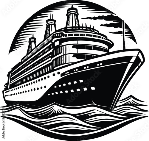 Large ocean liner ship with smokestacks and multiple decks