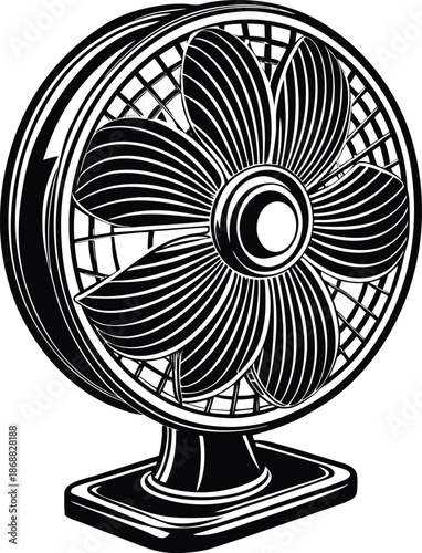 Black and white of a desktop fan electric fan blades