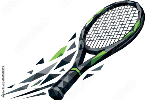 Dynamic Tennis Racket. Low-poly vector illustration of a tennis racket symbolizing sport, precision, and competitive performance,