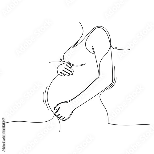 Minimalist line art of pregnant woman embracing her belly. No editable strokes