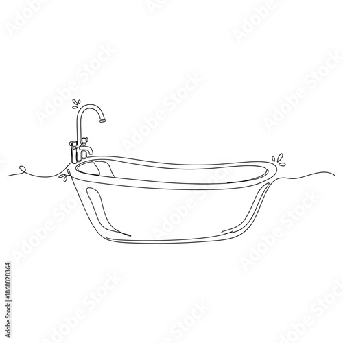 Minimalist line art of a freestanding bathtub with water splash. No editable strokes