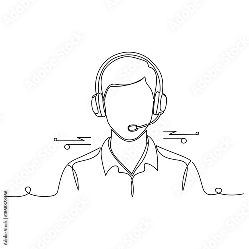 Continuous line drawing of male customer service representative with headset. No editable strokes