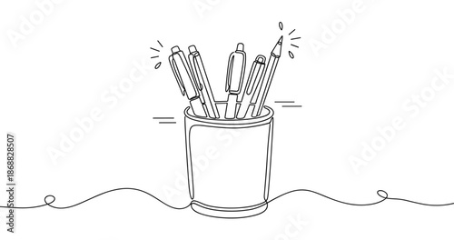 Line art of a pen holder with pens and pencils on a wavy surface. No editable strokes