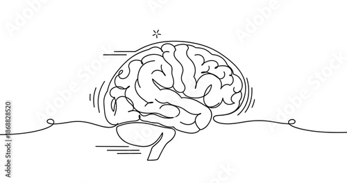 Minimalist line drawing of a human brain with dynamic motion accents. No editable strokes