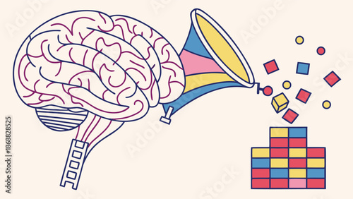 Brainstorming: a creative concept of the brain funneling colorful blocks, the image visually represents ideas and creativity