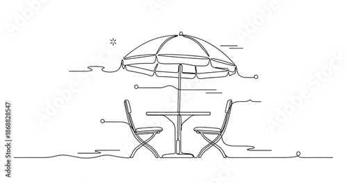 Minimalist beach scene with umbrella, table, and chairs in line art style. No editable strokes