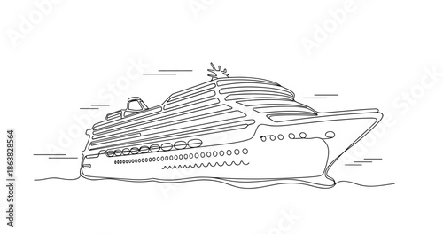 Monochrome line drawing of a modern cruise ship on the water. No editable strokes
