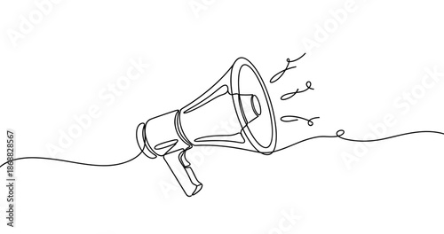 Continuous one-line drawing of megaphone with sound waves in simple black and white. No editable strokes