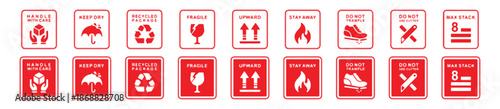 Set of Handle with Care and Keep Dry Symbols in Red