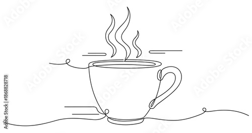 Continuous line art of a steaming coffee cup with stylish swirls. No editable strokes