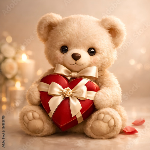 Adorable plush teddy bear holding red heart with floral bow in soft romantic light