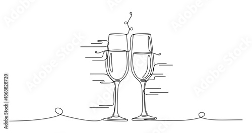 Continuous line drawing of two champagne glasses celebrating with bubbles. No editable strokes