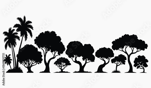 Silhouette of a diverse group of trees on a white background
