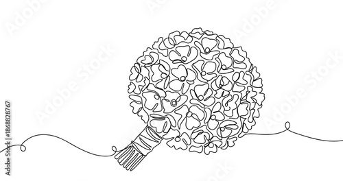 Line art bouquet of flowers with petal details and ribbon. No editable strokes